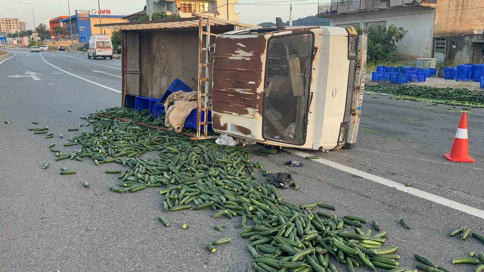 Salatalık y&uuml;kl&uuml; kamyonet devrildi: Salatalıklar yola savruldu
