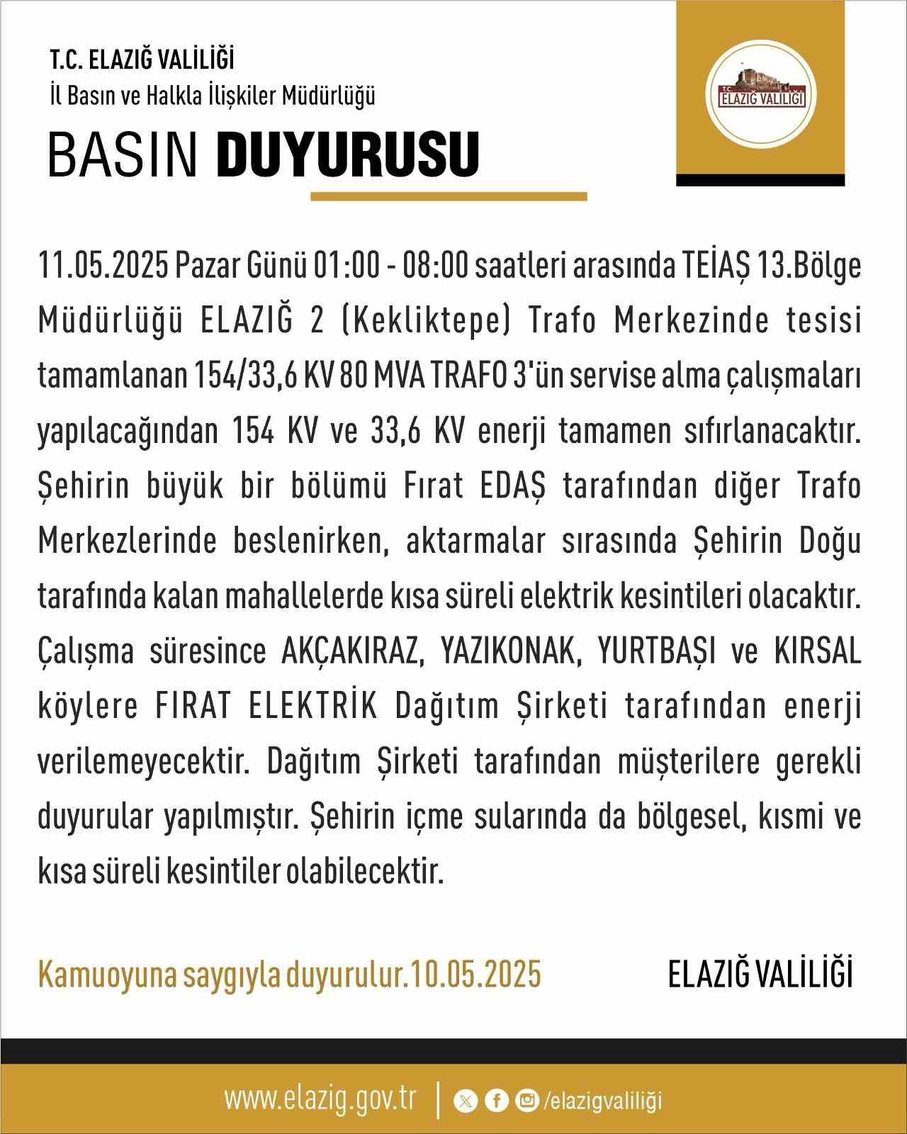 Elazığ’da elektrik kesintisi yaşanacak