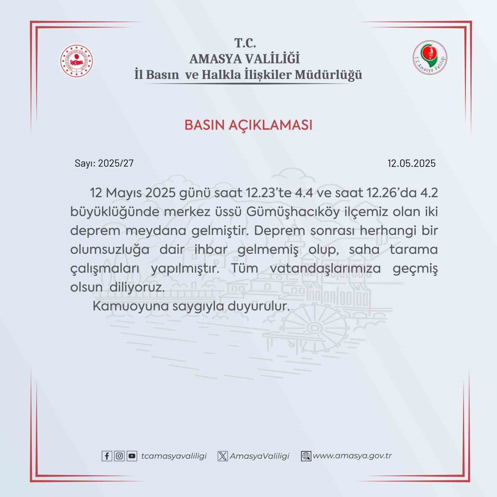 Amasya Valiliği: "Deprem sonrası herhangi bir olumsuzluğa dair ihbar gelmedi"