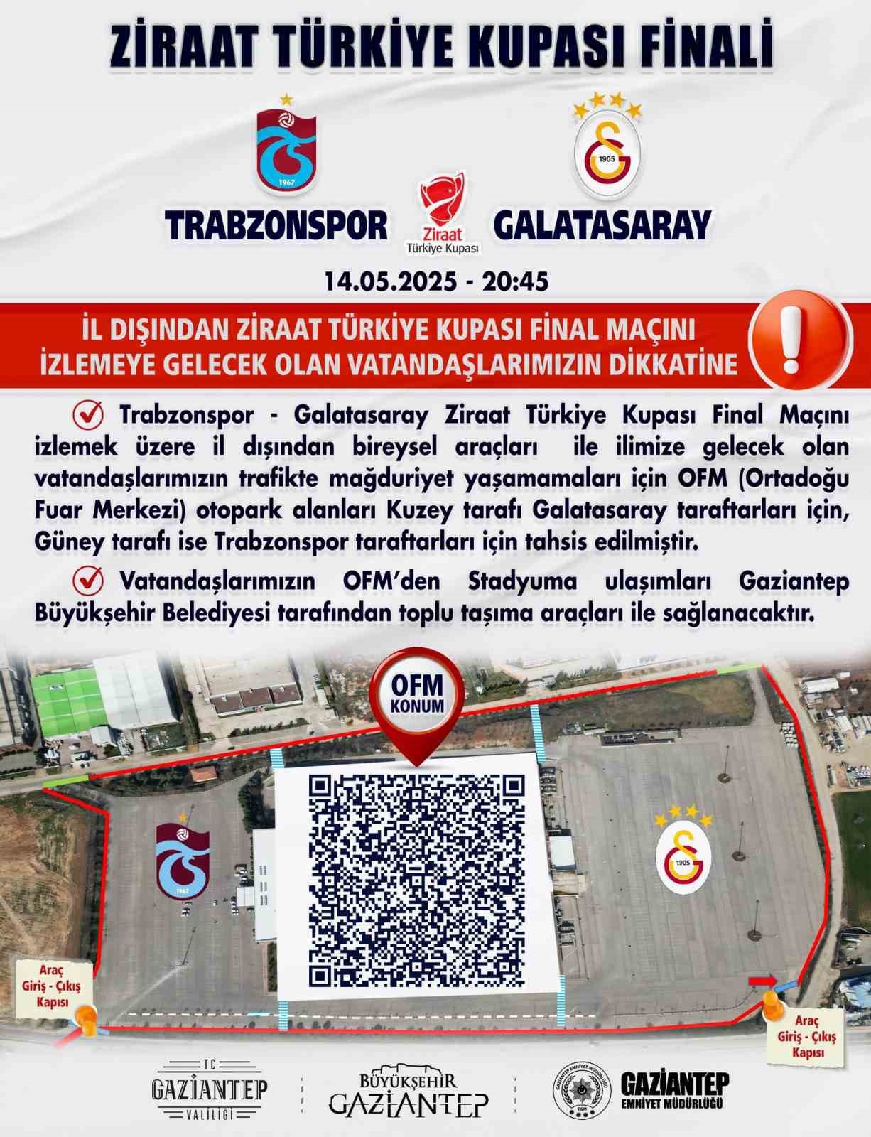 Türkiye Kupası finaline araçlarıyla gelecek taraftarlar için Gaziantep’teki otopark alanları belirlendi