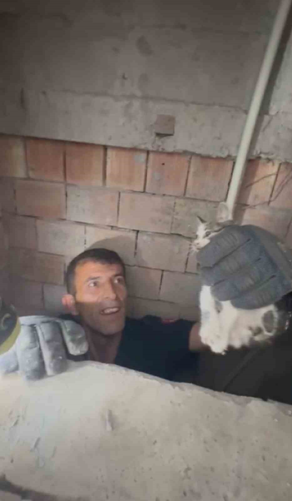 Bina boşluğuna düşen yavru kedi itfaiye ekiplerince kurtarıldı