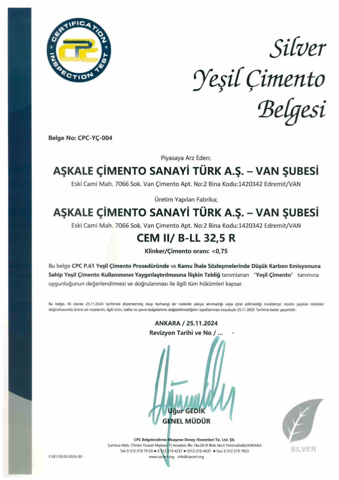 Aşkale &Ccedil;imento; "Yeşil &ccedil;imento sertifikasını almaya hak kazanan T&uuml;rkiye&rsquo;deki ilk &ccedil;imento grubuyuz"
