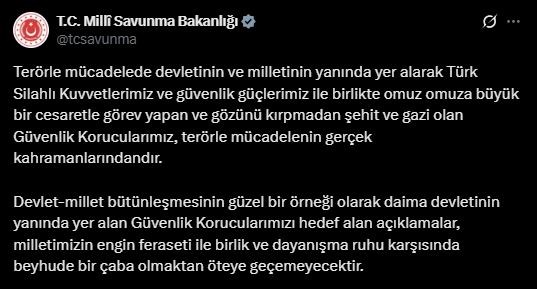 MSB: "Güvenlik korucularımızı hedef alan açıklamalar beyhude bir çabadan öteye geçmeyecektir"
