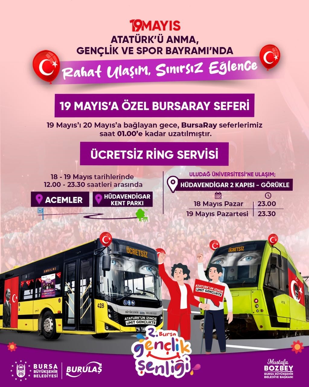 Bursa&rsquo;da 19 Mayıs&rsquo;ta ulaşım &uuml;cretsiz
