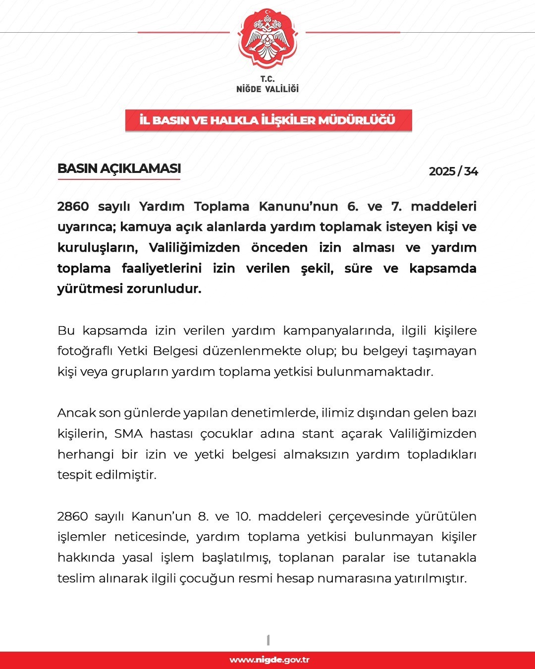 Niğde Valiliği’nden izinsiz yardım toplamaya karşı uyarı
