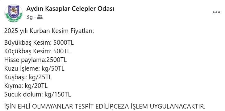 Aydın’da kurban kesim ücretleri belli oldu
