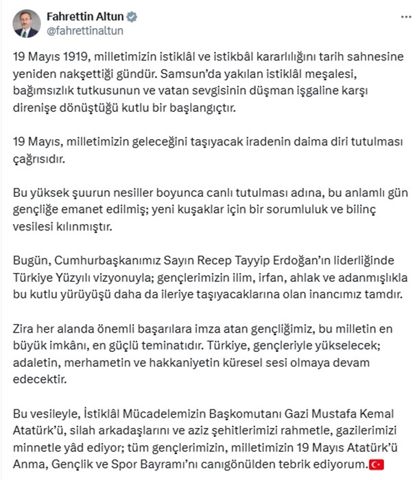 Fahrettin Altun’dan 19 Mayıs mesajı: "Milletimizin istiklal ve istikbal kararlılığıdır"