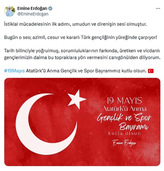 Emine Erdoğan, 19 Mayıs Atatürk’ü Anma Gençlik ve Spor Bayramı’nı kutladı