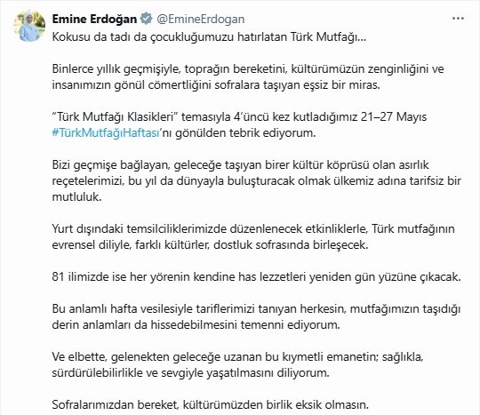 Emine Erdoğan’dan Türk Mutfağı Haftası paylaşımı