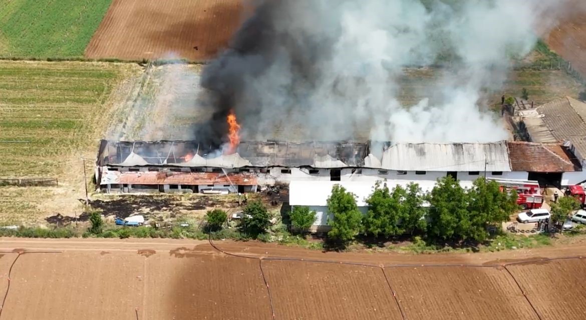 Hayvan &ccedil;iftliğindeki b&uuml;y&uuml;k yangın havadan g&ouml;r&uuml;nt&uuml;lendi

