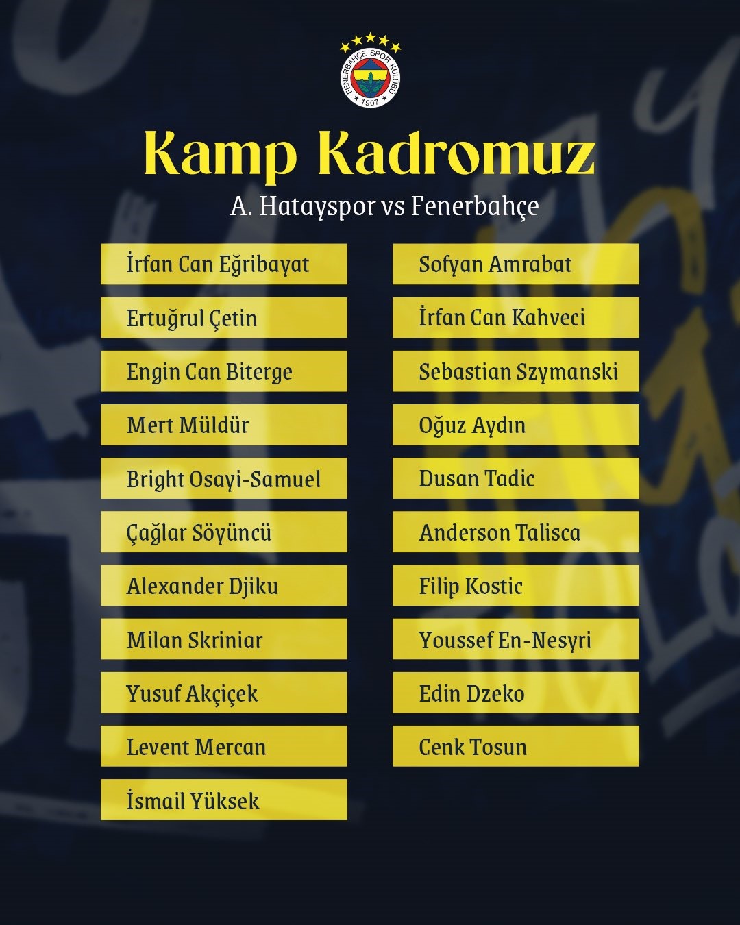 Fenerbahçe’nin Hatayspor maçı kamp kadrosu açıklandı