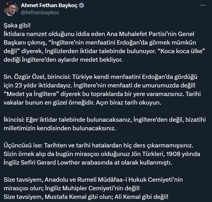 AK Partili Baykoç’tan Özgür Özel’e tepki: "Mustafa Kemal gibi olun; Ali Kemal gibi değil"