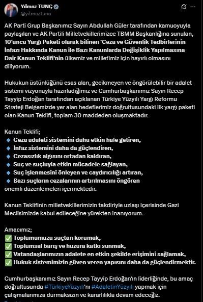 Bakan Tunç: "İlk yargı paketi olan kanun teklifi toplam 30 maddeden oluşmaktadır"