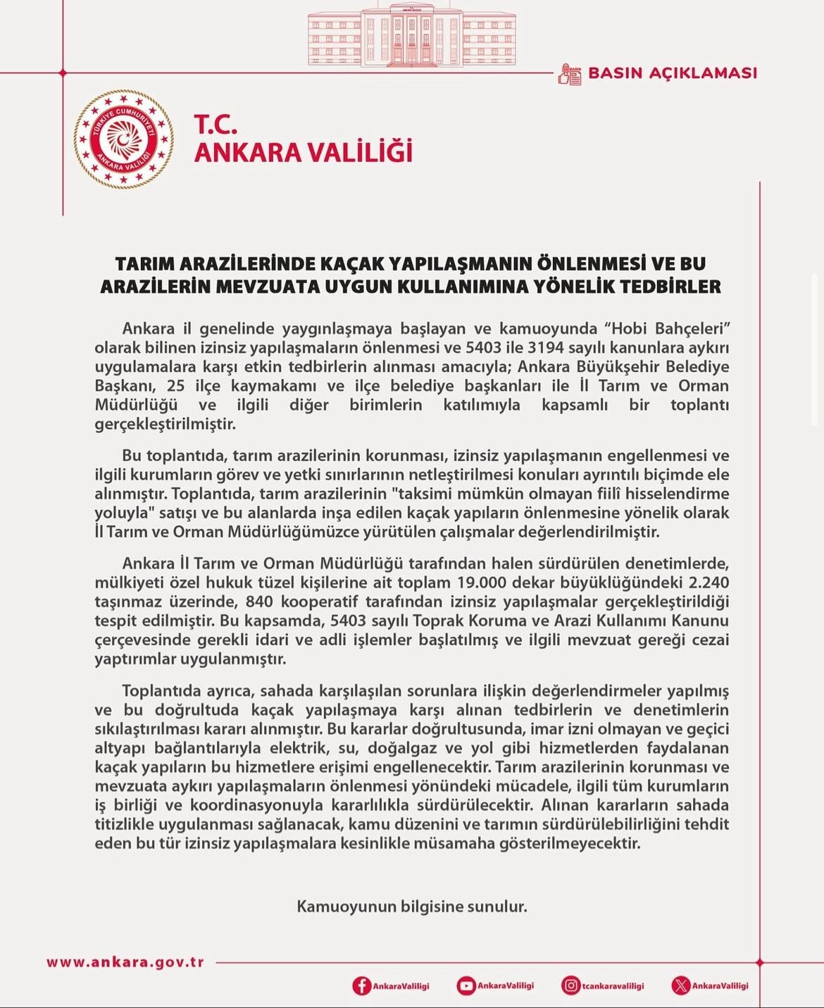 Ankara Valiliği’nden hobi bahçelerine ilişkin karar: Kaçak yapılara yasak