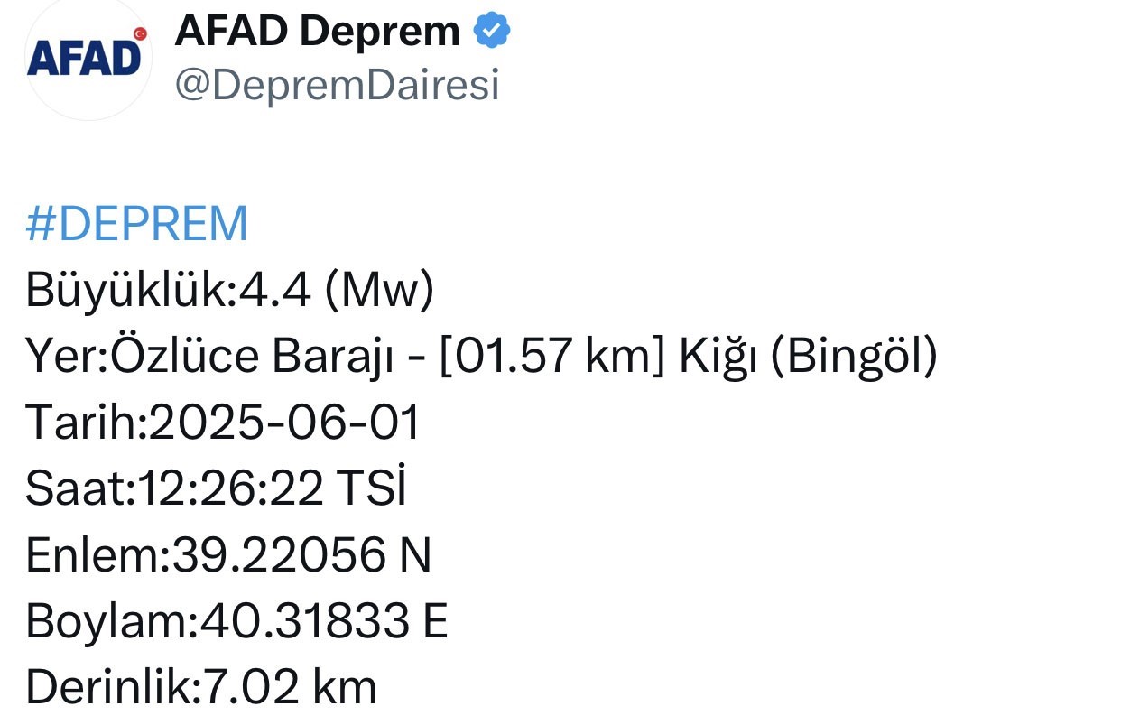 Bingöl’de 4,4 büyüklüğünde deprem