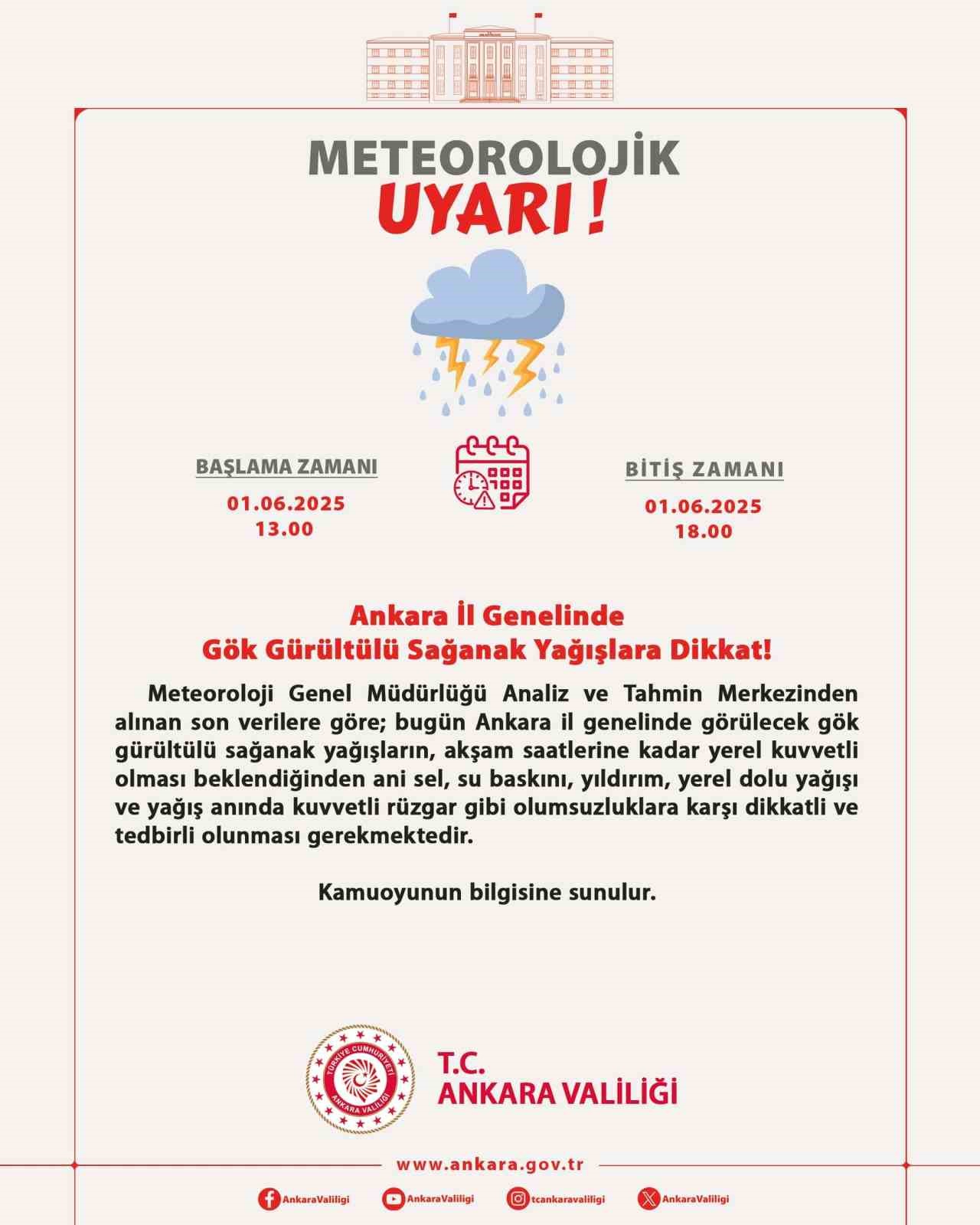 Ankara Valiliği’nden gök gürültülü sağanak yağış uyarısı