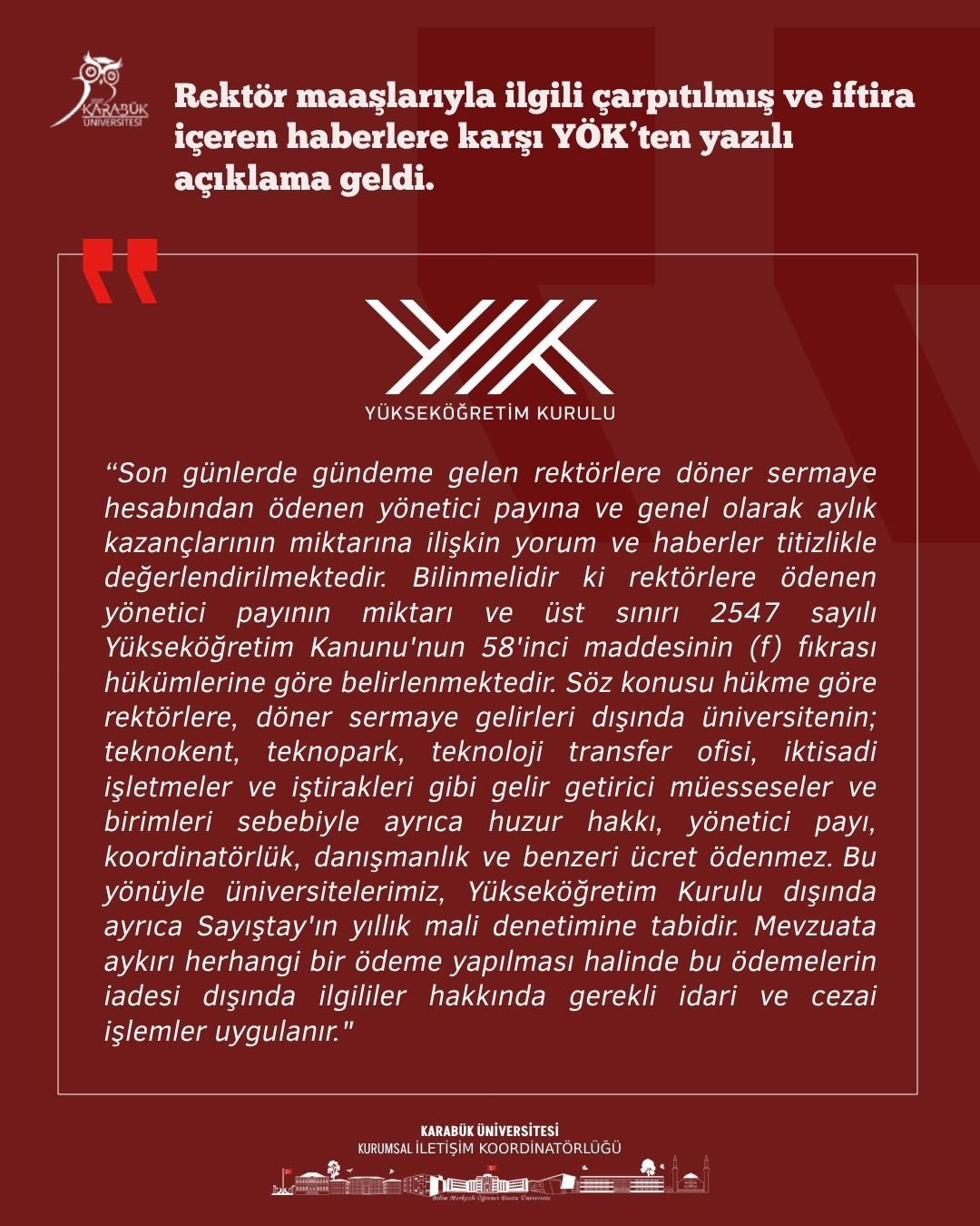 Rektör maaşı ile ilgili yapılan haberlere YÖK ve Üniversiteden yalanlama