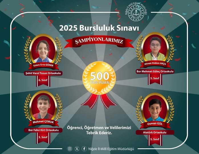 Niğde’de Bursluluk Sınavı şampiyonları belli oldu