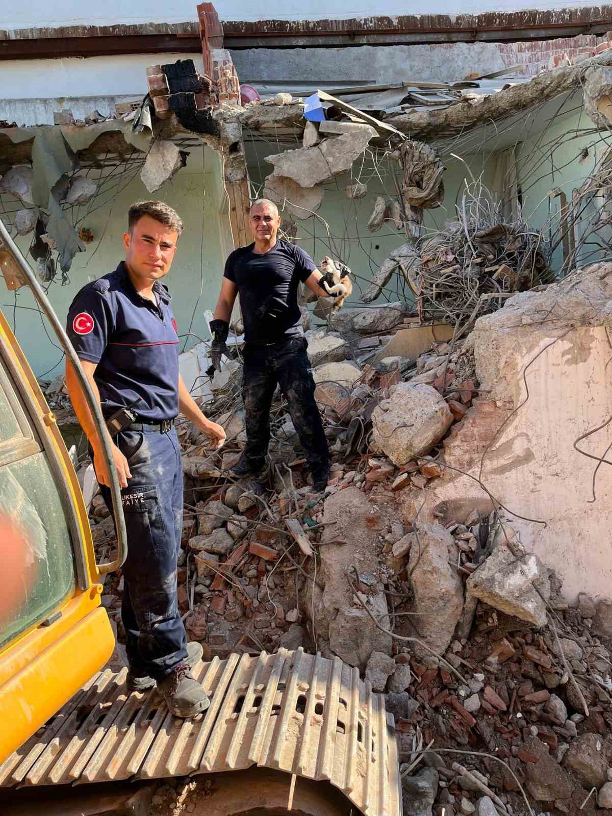 İnşaat yıkım alanında sıkışan yavru kedi kurtarıldı