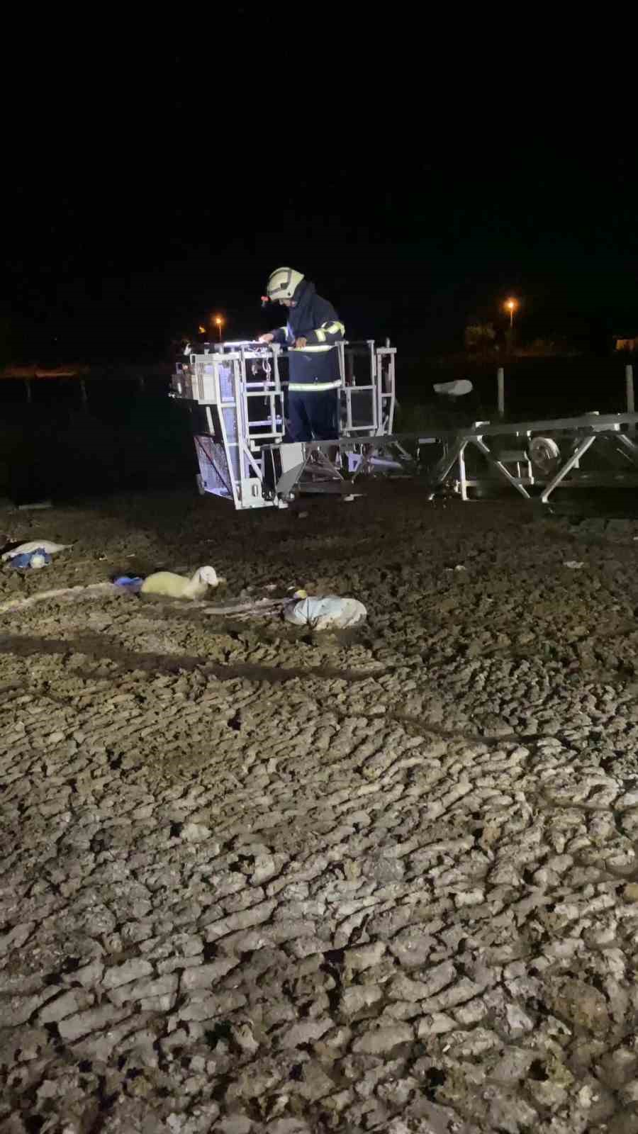 Atık dökülen alanda mahsur kalan koyunu itfaiyeciler kurtardı