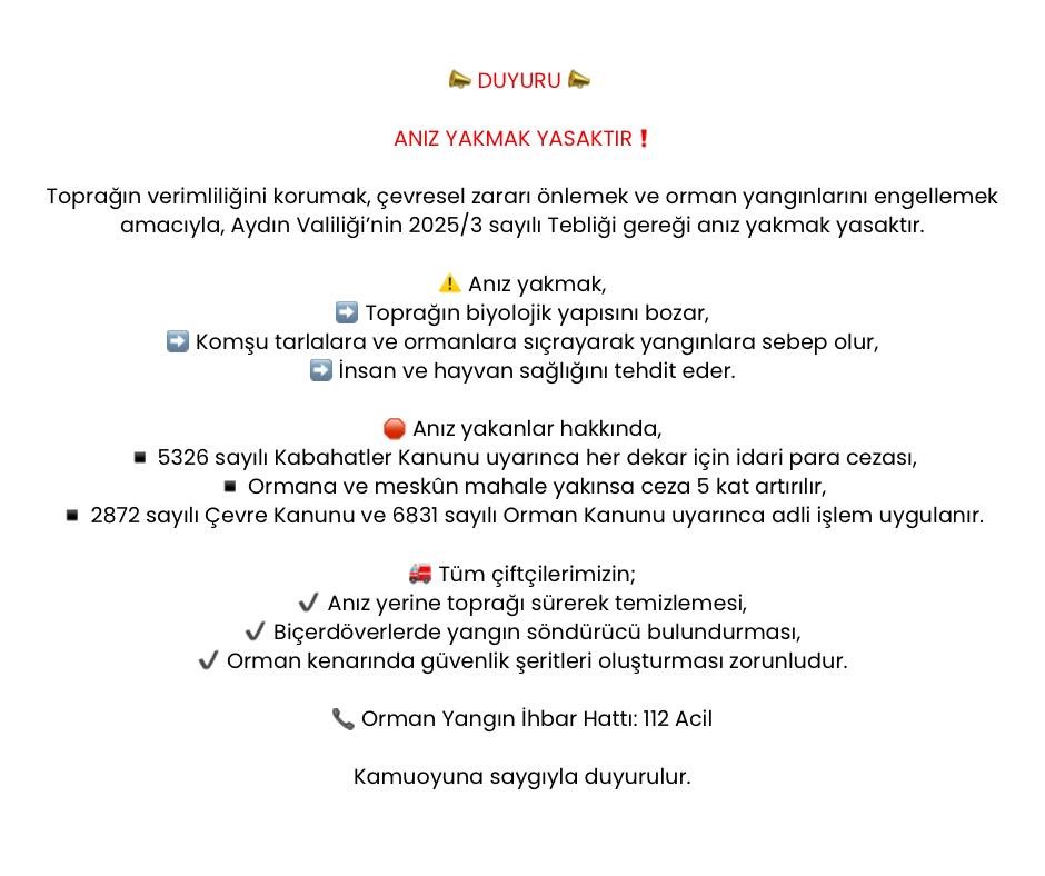 Karacasu Kaymakamlığı’ndan anız uyarısı
