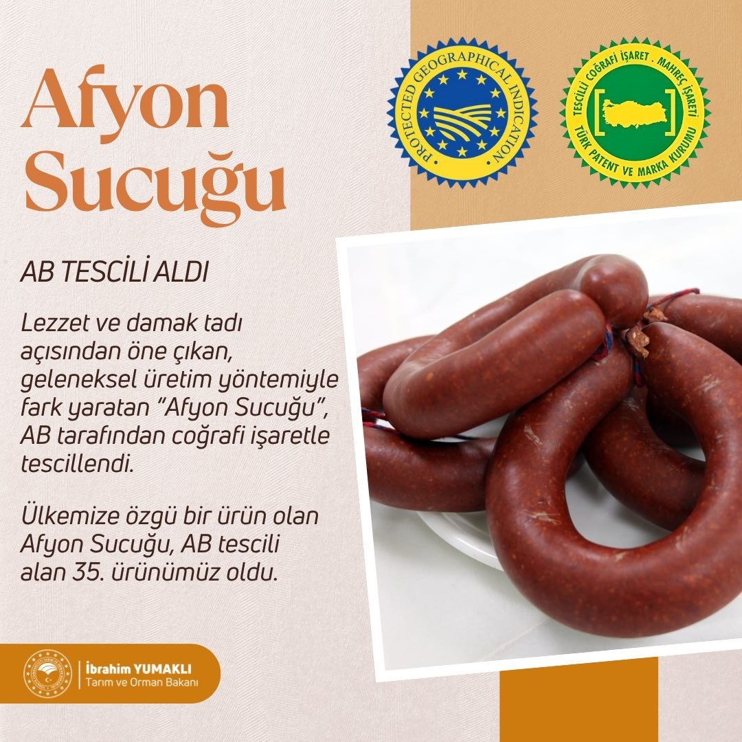 Bakan Yumaklı: "Afyon sucuğu’, Avrupa Birliği’nden coğrafi işaret tescili alarak 35. tescilli ürünümüz oldu"