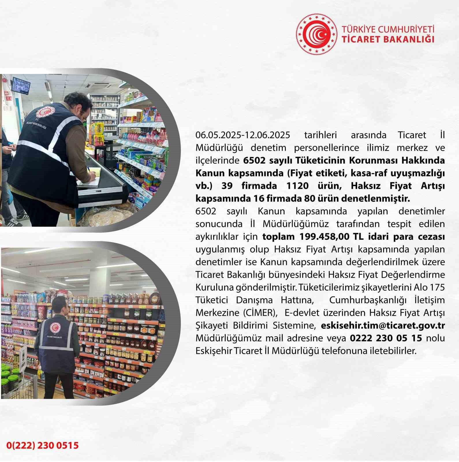 Ticaret İl Müdürlüğü’nün denetimlerinde firmalara 199 bin 458 TL ceza kesildi