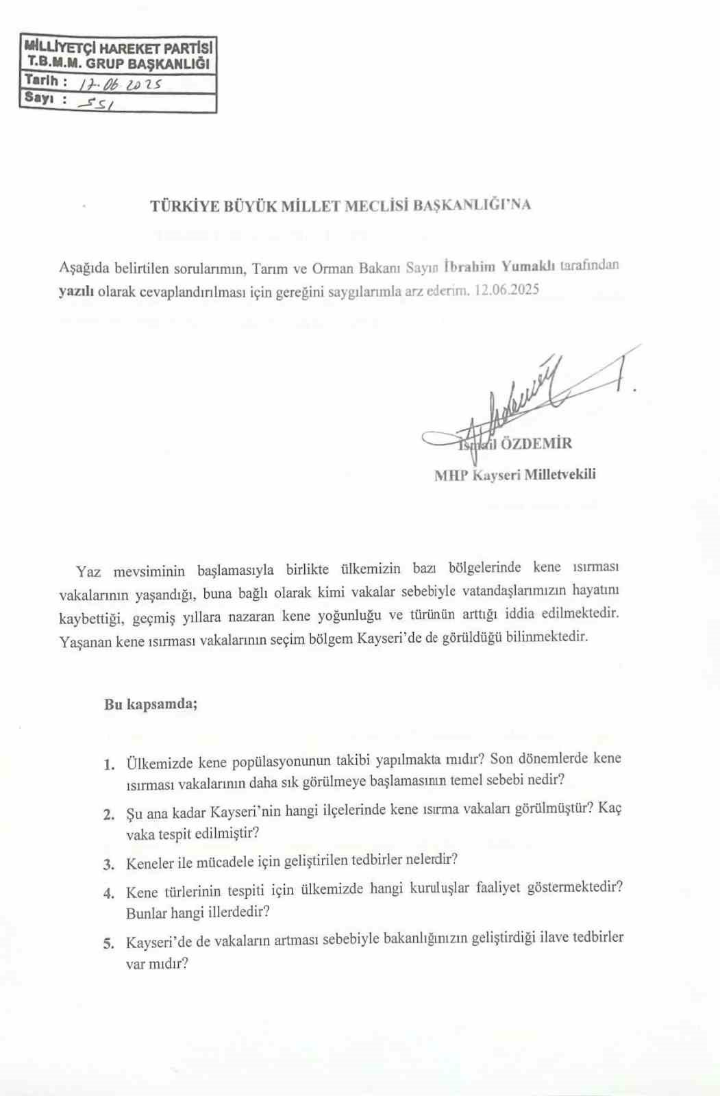 MHP’li Özdemir’den kene ısırığına soru önergesi