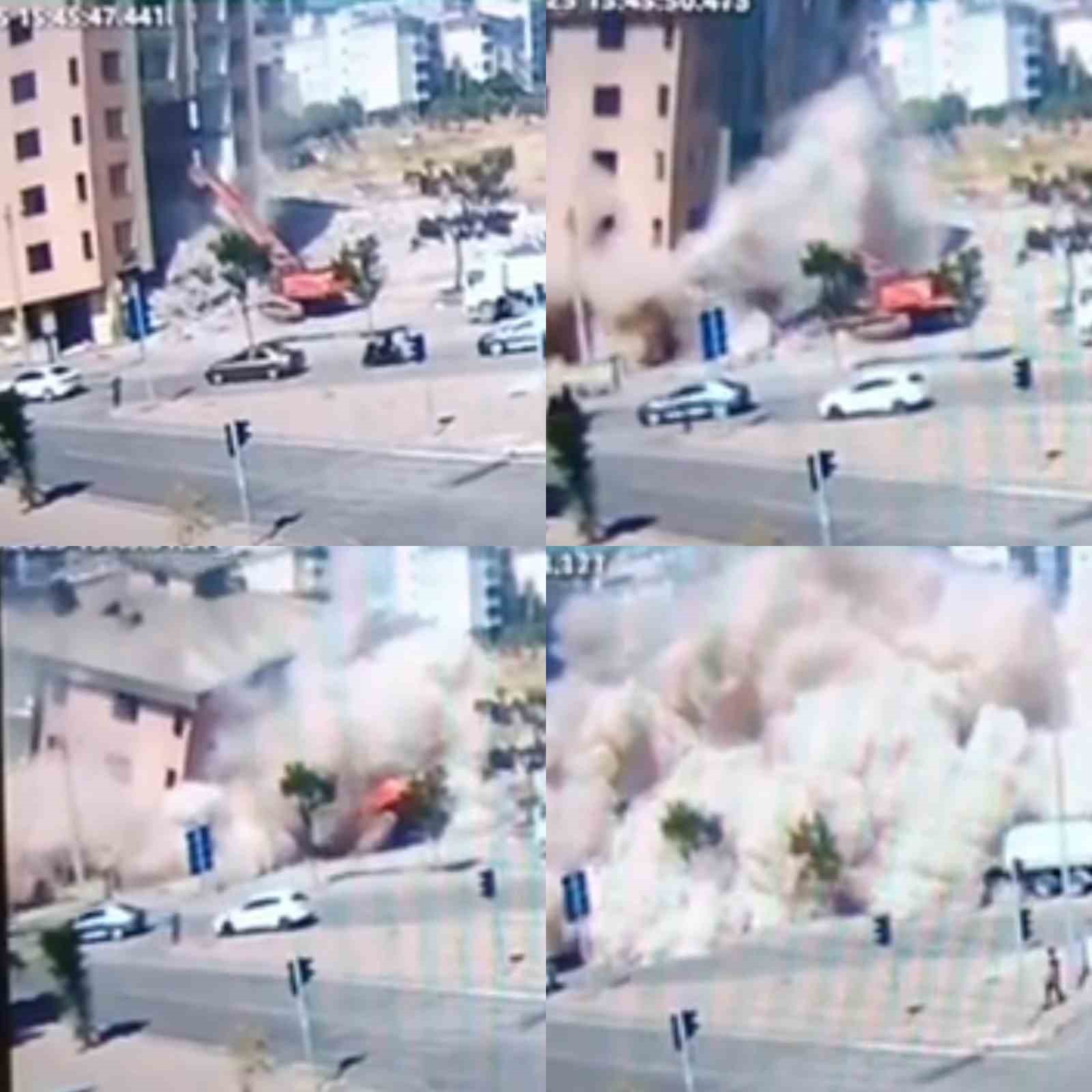 Binanın iş makinesinin üzerine çöktüğü anlar kamerada