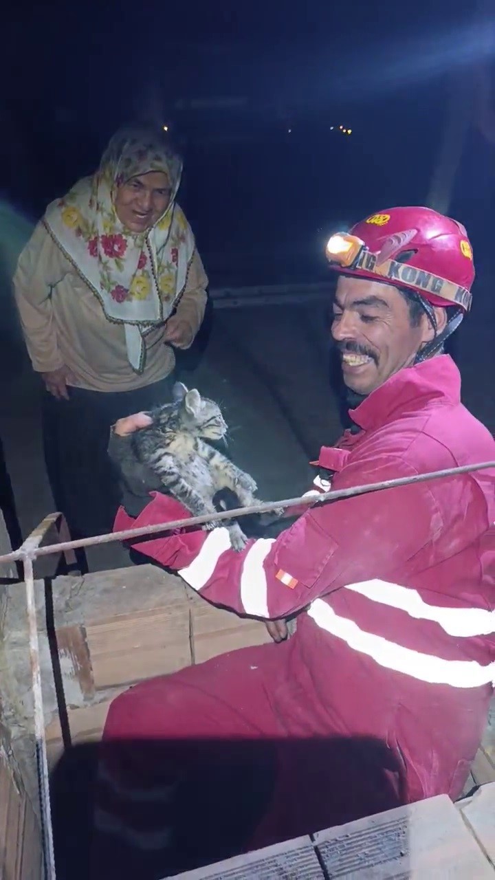 Yavru kedisi kurtarılan yaşlı kadın s&ouml;yledikleriyle y&uuml;rekleri ısıttı
