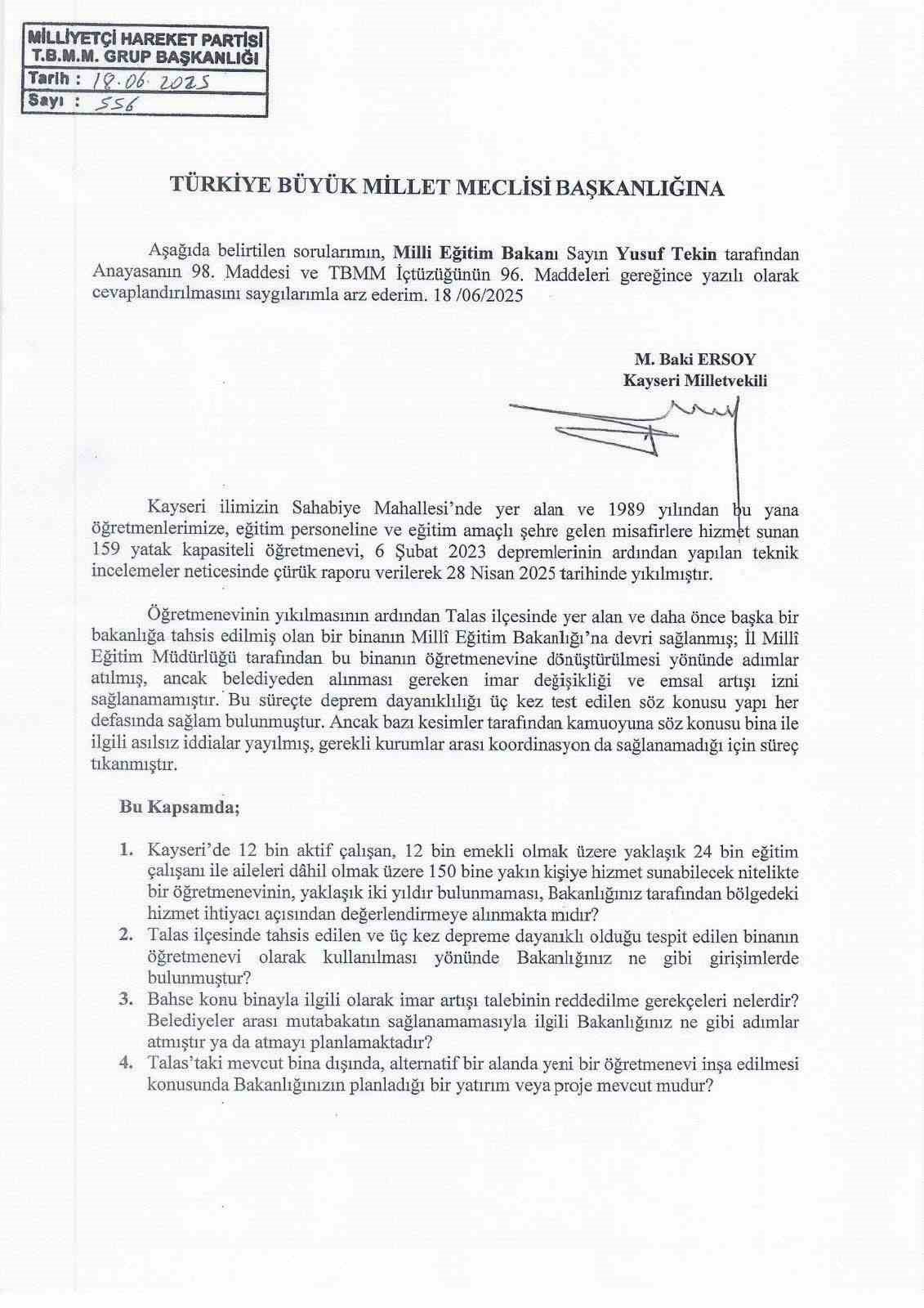 Baki Ersoy’dan ‘Kayseri Öğretmenevi’ için soru önergesi