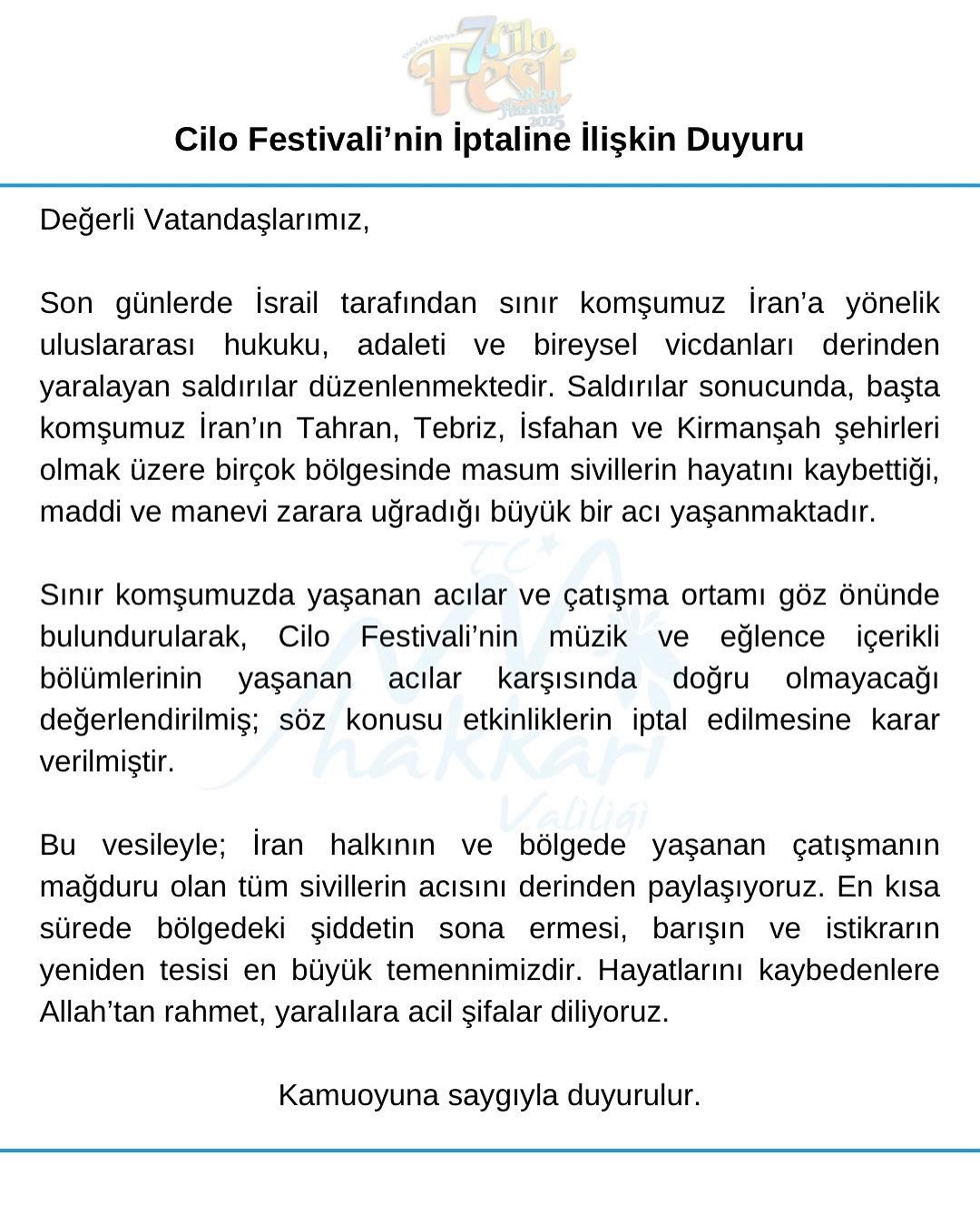 Hakkari Cilofest-2025 eğlence programı iptal edildi