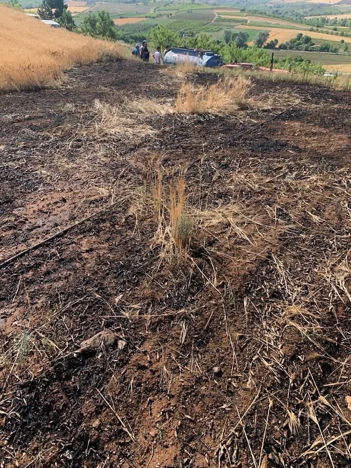 Y&uuml;ksek gerilim hattı koptu, buğday tarlası alev aldı
