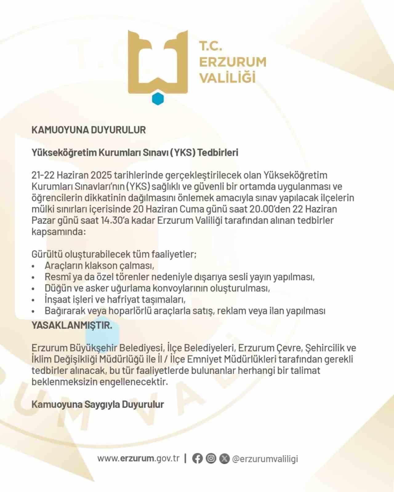 Erzurum Valiliği’nden YKS önlemleri