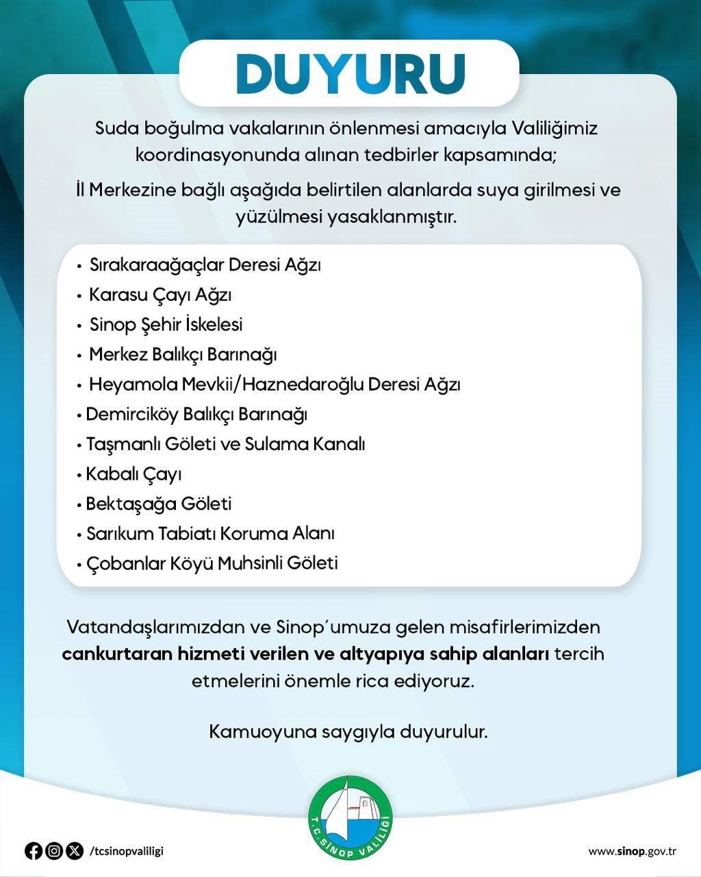 Sinop&rsquo;ta bazı alanlarda y&uuml;zmek yasaklandı
