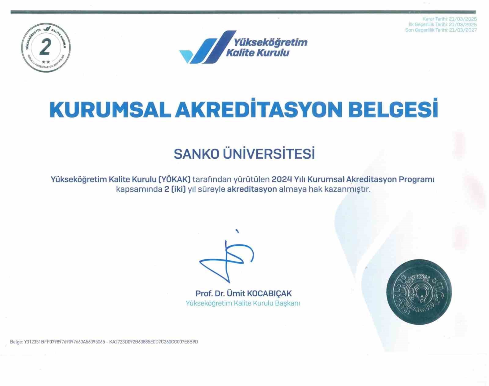 SANKO Üniversitesi YÖKAK kurumsal akreditasyonu aldı
