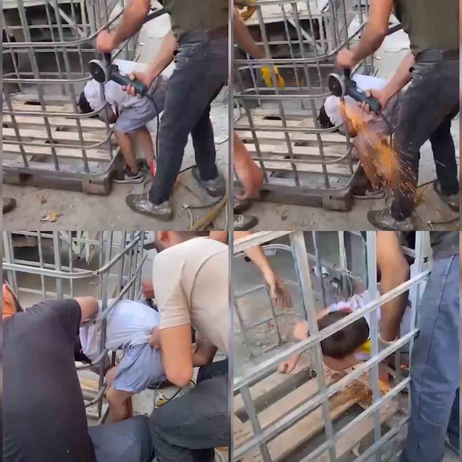 Kafesin parmaklıklarına sıkışan çocuk, demir kesilerek kurtarıldı