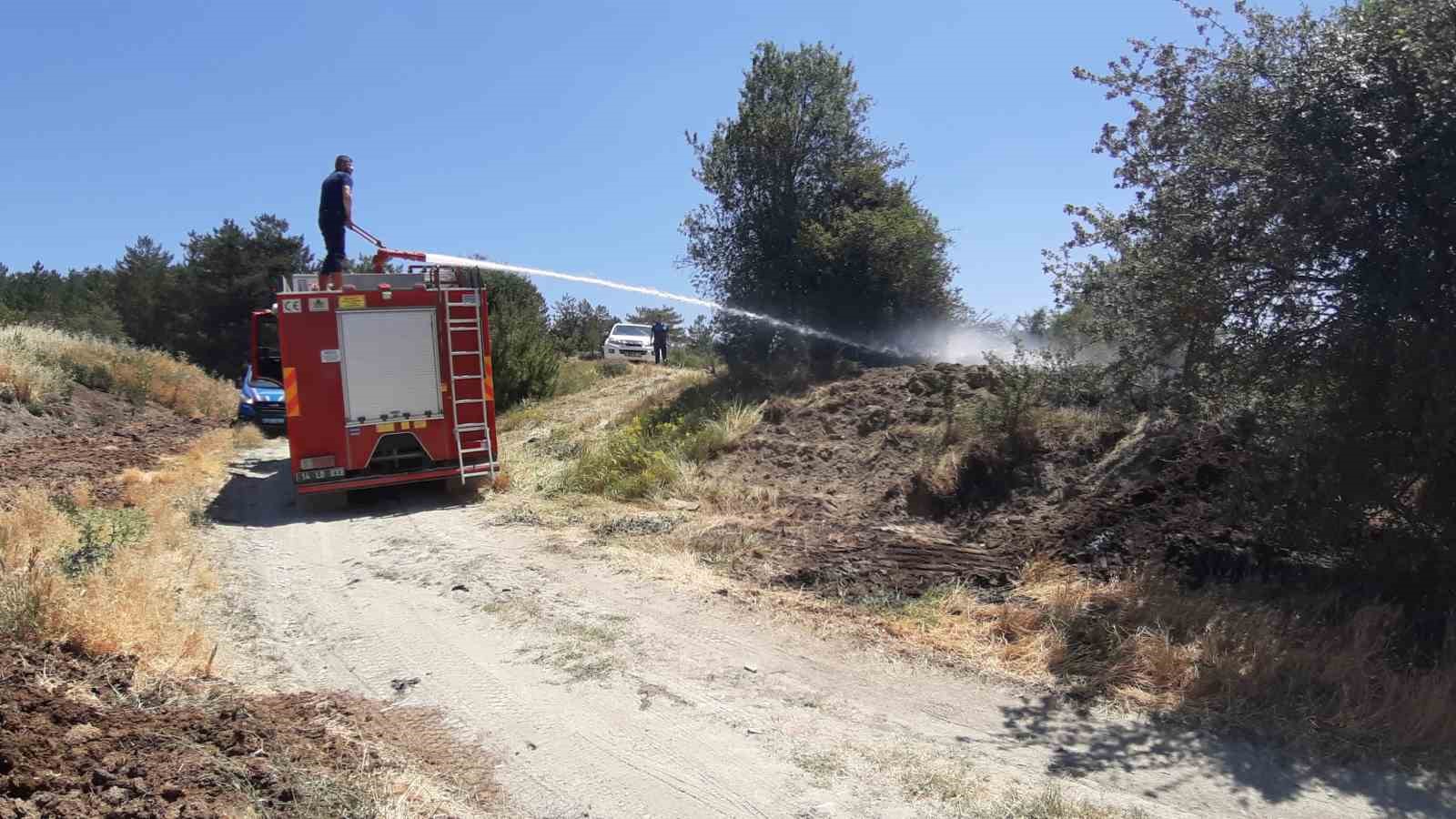 Kuru otlar alev aldı, köylüler toprakla söndürdü