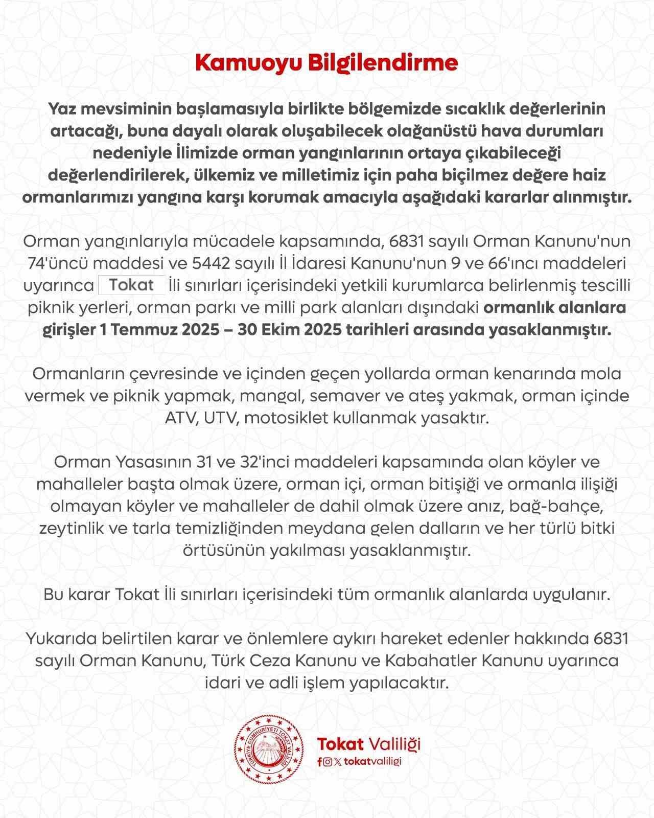 Tokat’ta yaz aylarında ormanlara girişe kısıtlama getirildi