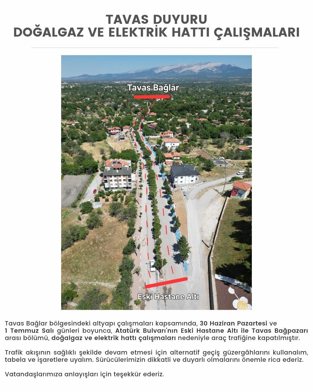 Tavas - Bağlar yolu alt yapı çalışması nedeniyle 2 gün trafiğe kapatıldı
