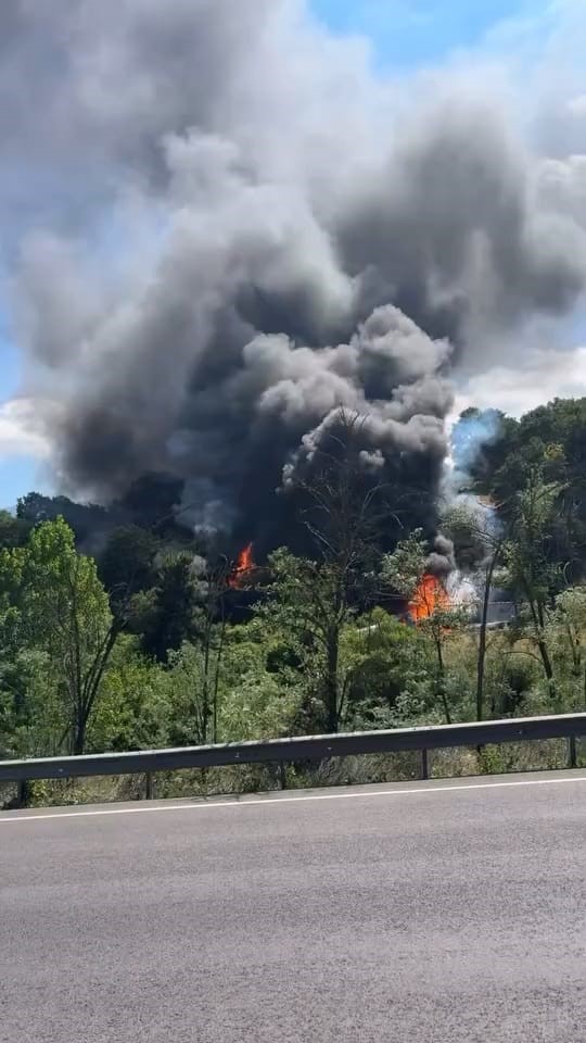 Motor yağı y&uuml;kl&uuml; tır alev alev yandı, ormana sı&ccedil;rayan yangın g&uuml;&ccedil;l&uuml;kle s&ouml;nd&uuml;r&uuml;ld&uuml;
