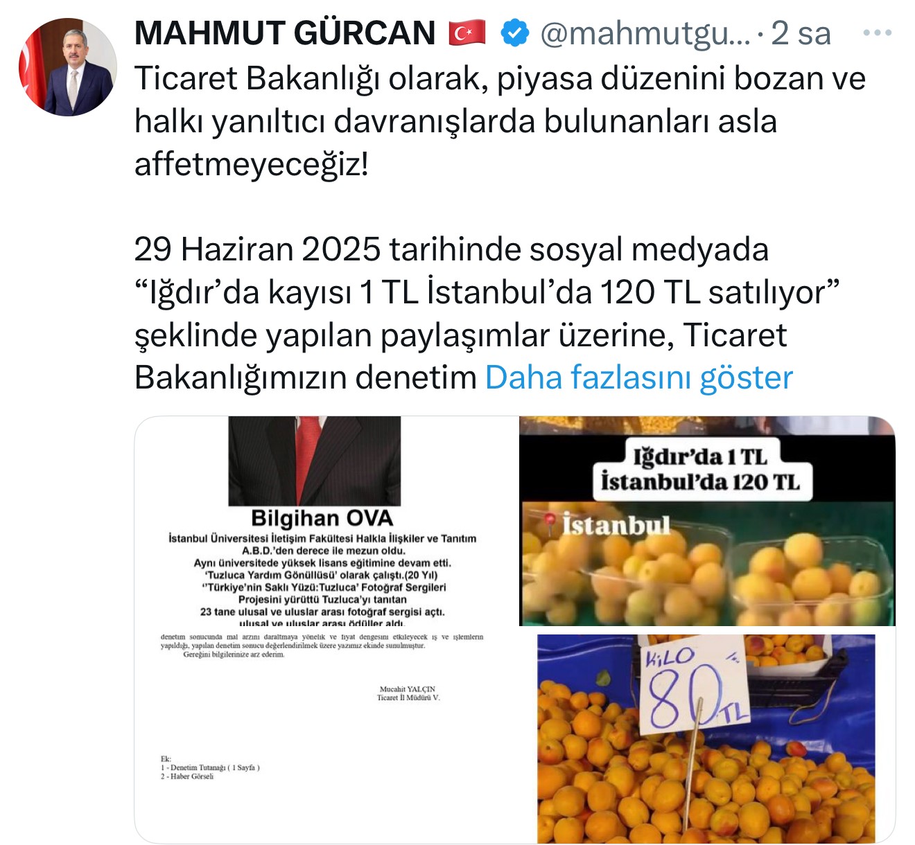 ’Iğdır’da kayısı 1 TL, İstanbul’da 120 TL’ paylaşımına "gerçek dışı bilgi yaymaktan" 1 milyon 400 bin TL idari para cezası