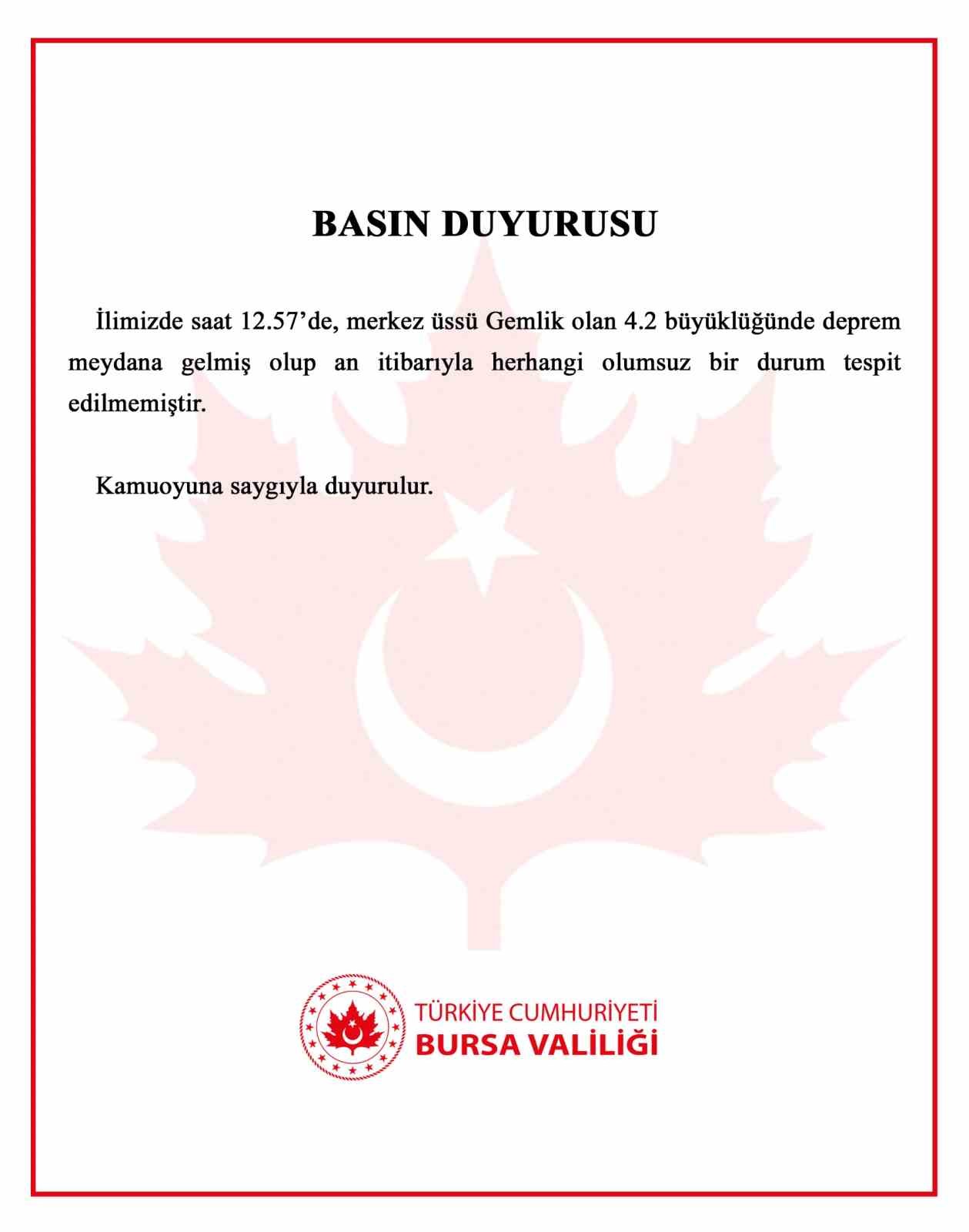 Bursa Valiliğinden deprem açıklaması: "An itibarıyla olumsuz bir durum tespit edilmedi"