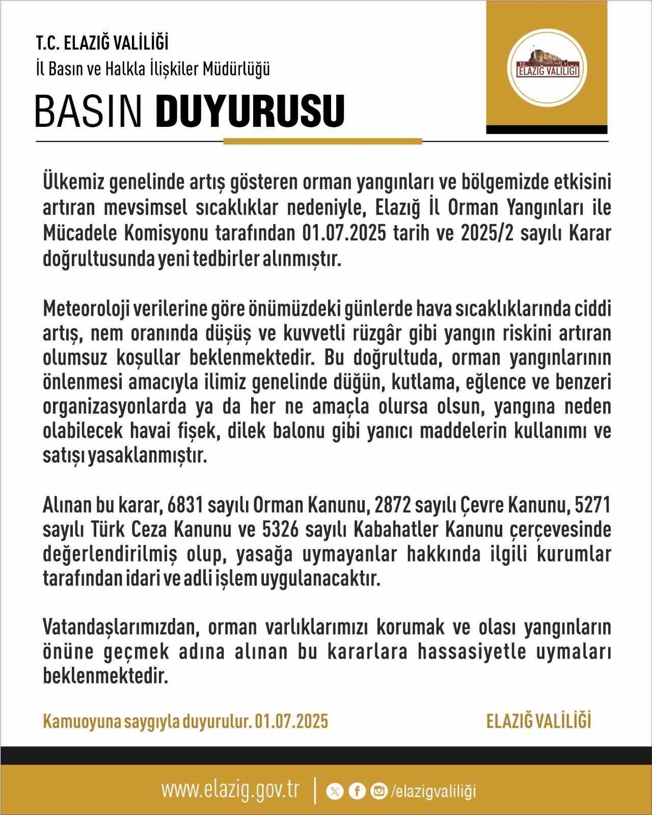 Elazığ’da havai fişek ve dilek balonu satımı ve kullanımı yasaklandı