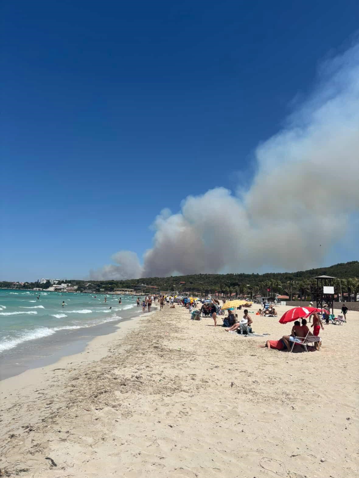 Yangınlar &Ccedil;eşme&rsquo;ye sı&ccedil;radı: Otluk alanda &ccedil;ıkan yangına m&uuml;dahale s&uuml;r&uuml;yor

