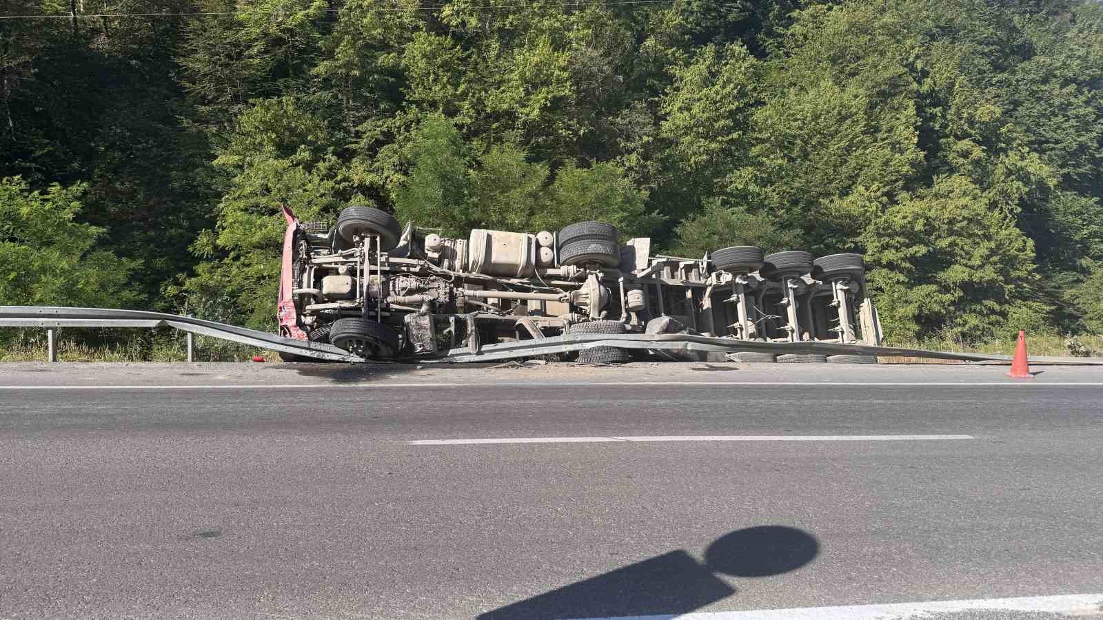 Tomruk yüklü tır devrildi, faciadan dönüldü