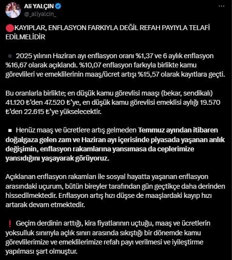 Memur-Sen Genel Başkanı Yalçın’dan "refah payı ve iyileştirme" talebi