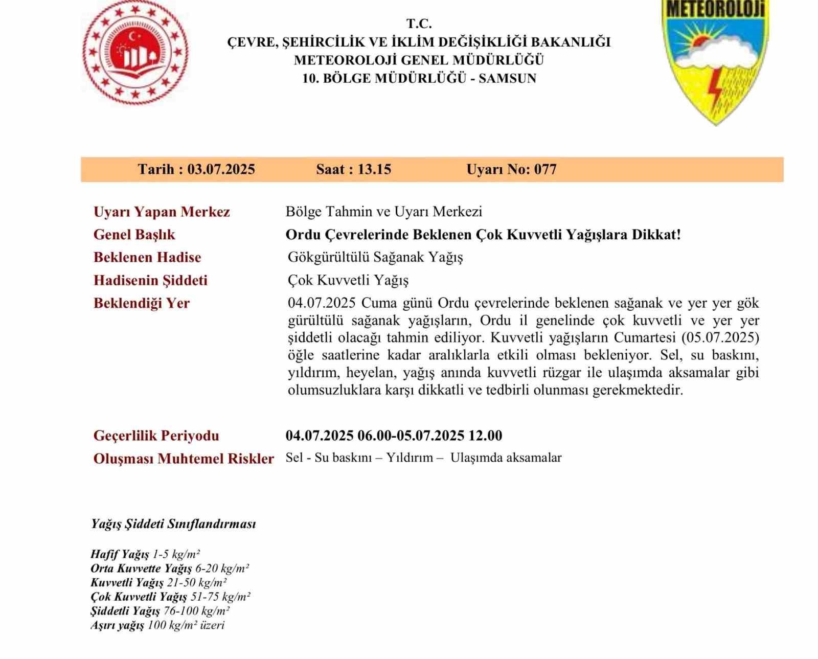 Ordu i&ccedil;in &lsquo;&ccedil;ok kuvvetli ve şiddetli&rsquo; yağış uyarısı
