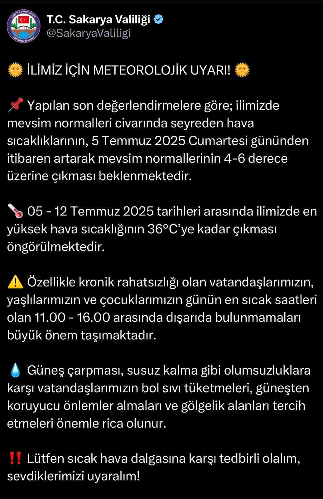 Valilik hava sıcaklıları hususunda uyardı: Sıcaklık yarından itibaren 4-6 derece artacak