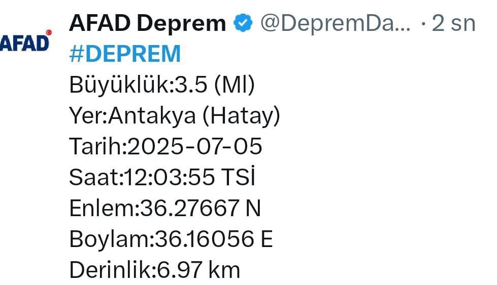 Hatay&rsquo;da 3.5 b&uuml;y&uuml;kl&uuml;ğ&uuml;nde deprem oldu
